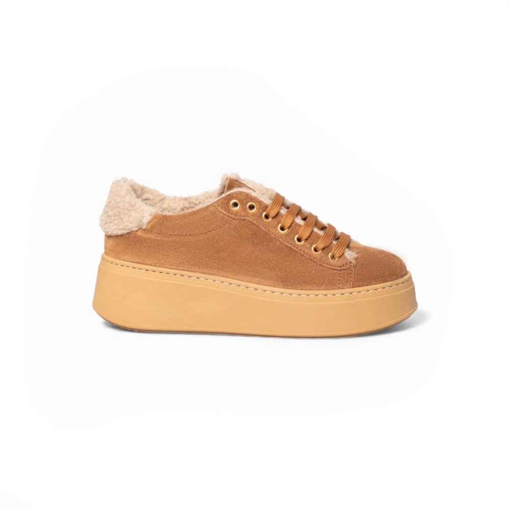 Sneaker platform in suede cammello con interno shearling – Tabacco  Art.27