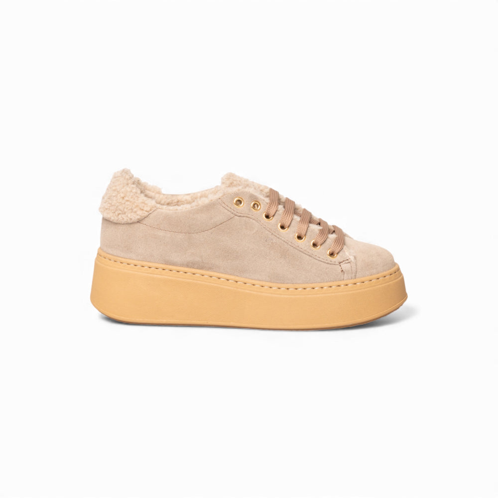 Sneaker platform in suede sabbia con interno shearling – Tortora Art.27