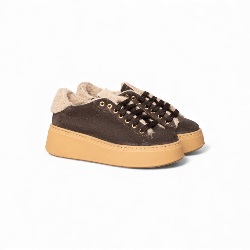 Sneaker platform in suede marrone scuro con interno shearling – Marrone ART.27