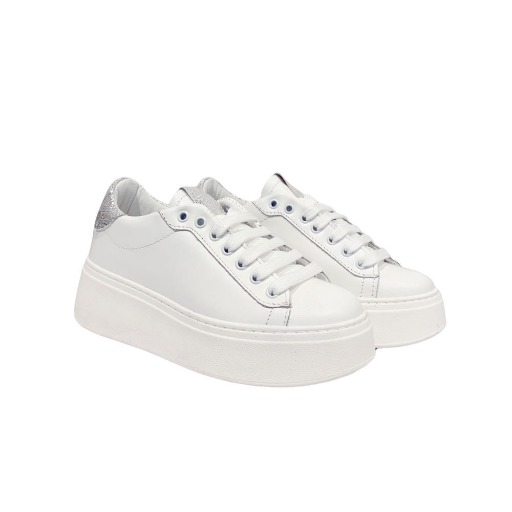 Sneaker in Pelle bianca e argento con Suola Bianca – Bianco Argento ART.20