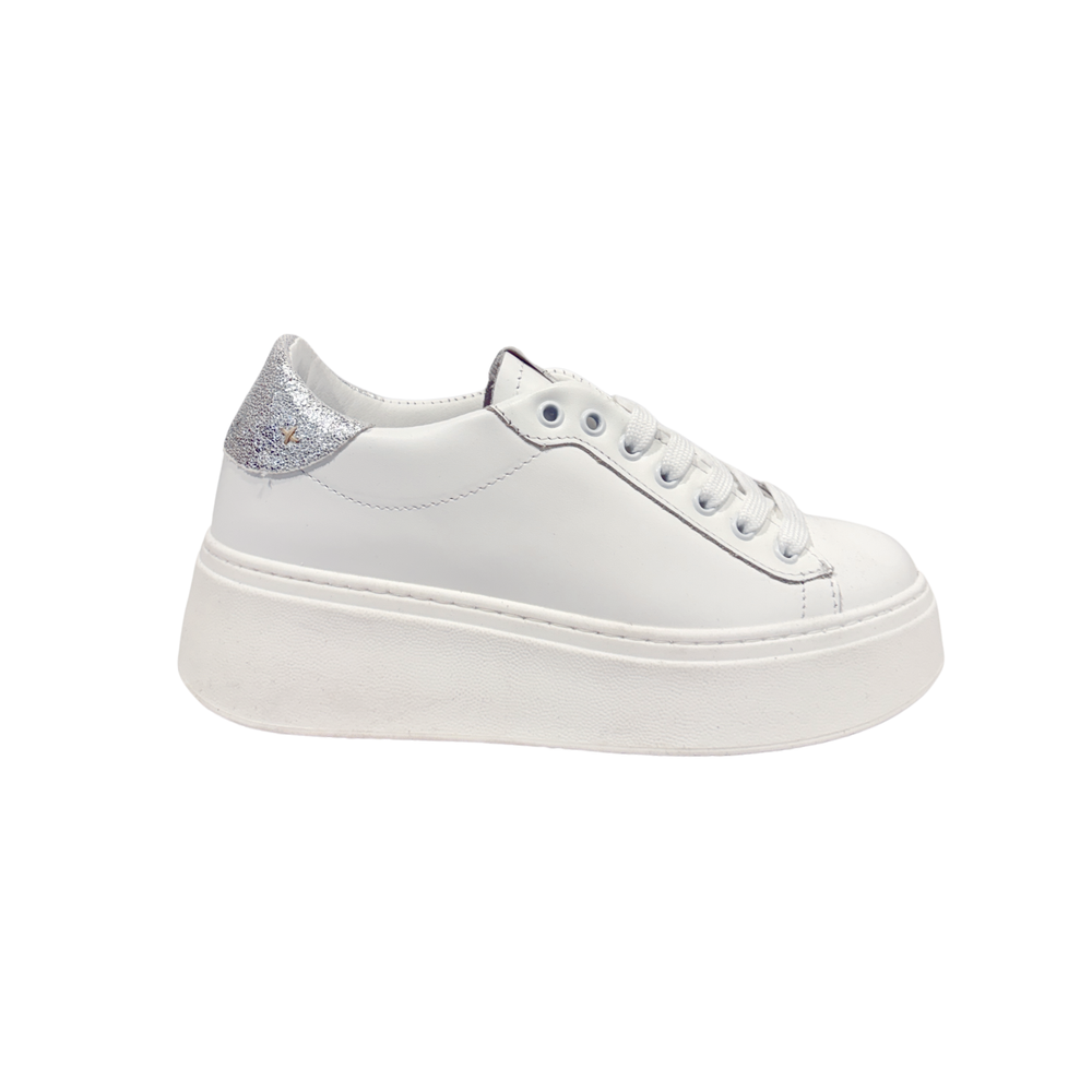 Sneaker in Pelle bianca e argento con Suola Bianca – Bianco Argento ART.20
