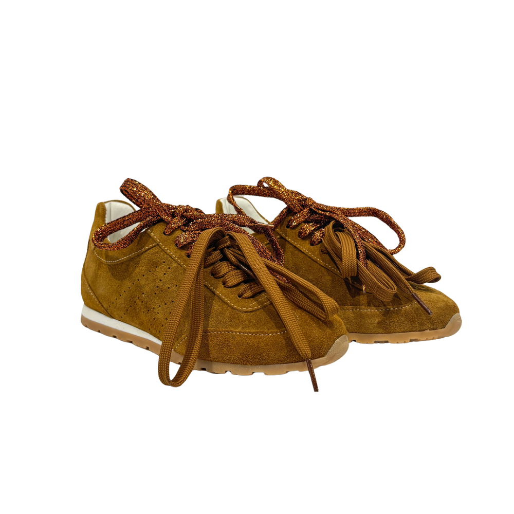Sneaker camoscio con doppio laccio glitterato - Tabacco ART.16