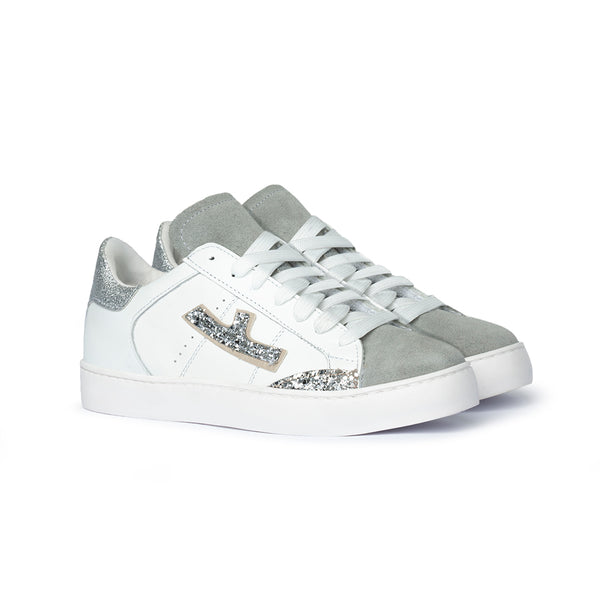 Sneaker bianca con glitter argento Donna