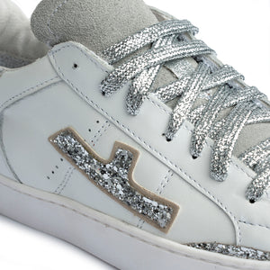 Sneaker in pelle bianca con dettagli glitter argento Donna