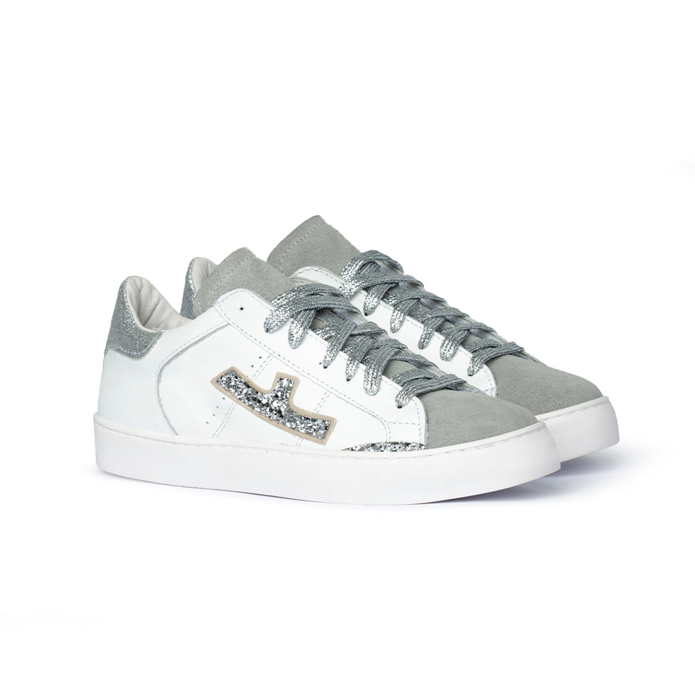 Sneaker in pelle bianca con dettagli glitter argento Donna
