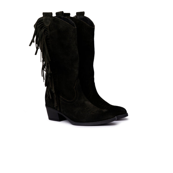 Stivale Texano in Camoscio Verde con Frange – Verde