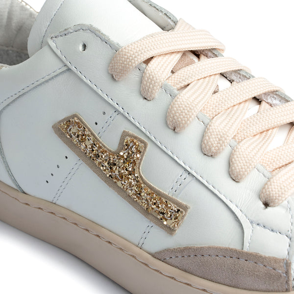 Sneaker in pelle bianca con dettagli glitter oro Donna