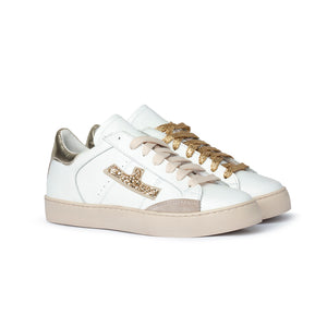 Sneaker in pelle bianca con dettagli glitter oro Donna