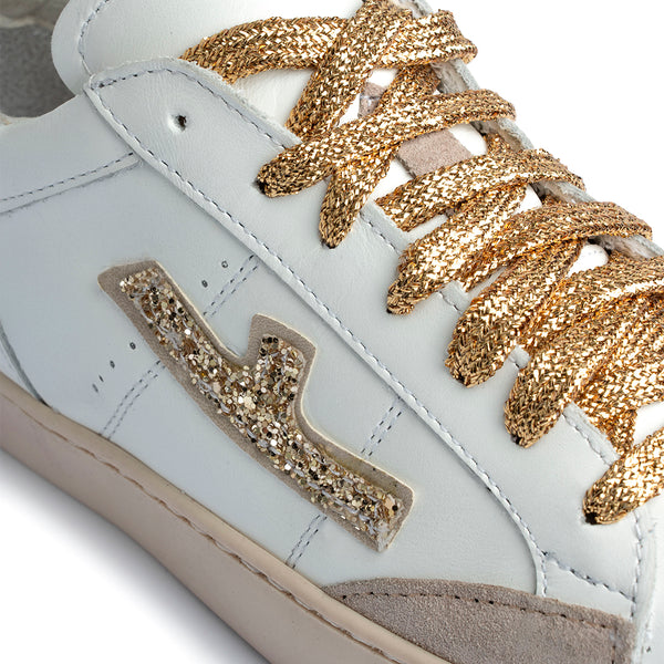 Sneaker in pelle bianca con dettagli glitter oro Donna