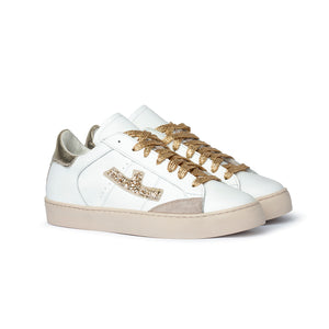 Sneaker in pelle bianca con dettagli glitter oro Donna
