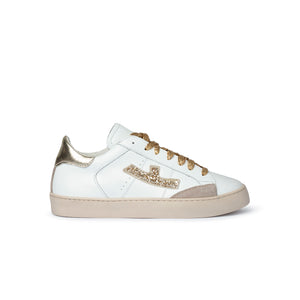 Sneaker in pelle bianca con dettagli glitter oro Donna