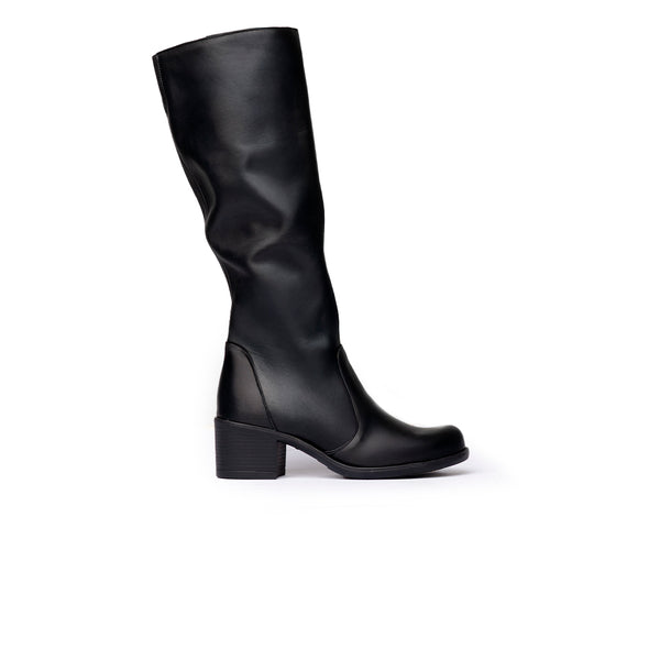 Stivale Alto in pelle con Tacco Largo – Nero