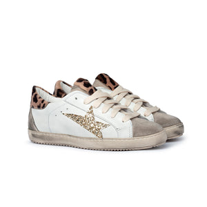 Sneaker in pelle bianca con stella glitter e dettaglio animalier Donna