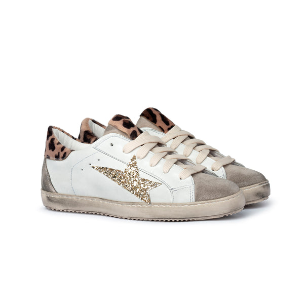 Sneaker in pelle bianca con stella glitter e dettaglio animalier Donna