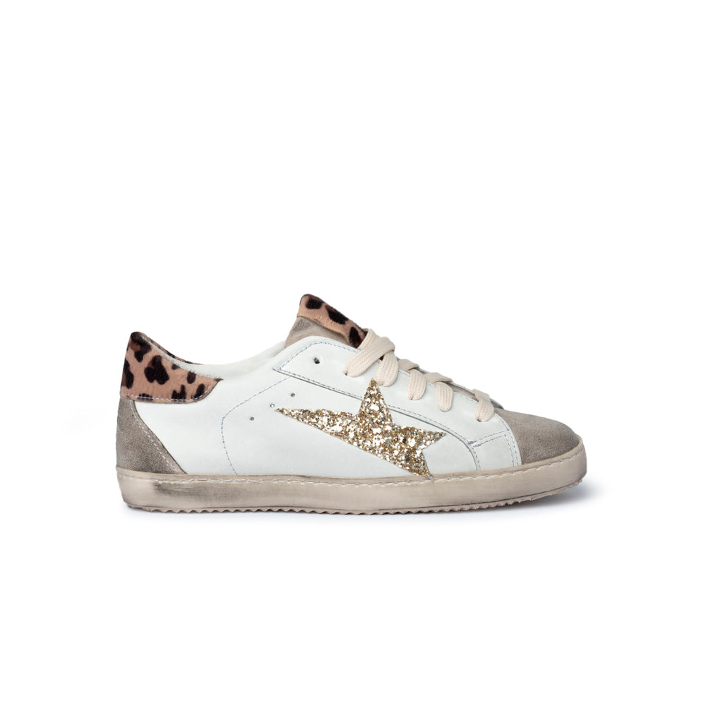 Sneaker in pelle bianca con stella glitter e dettaglio animalier Donna