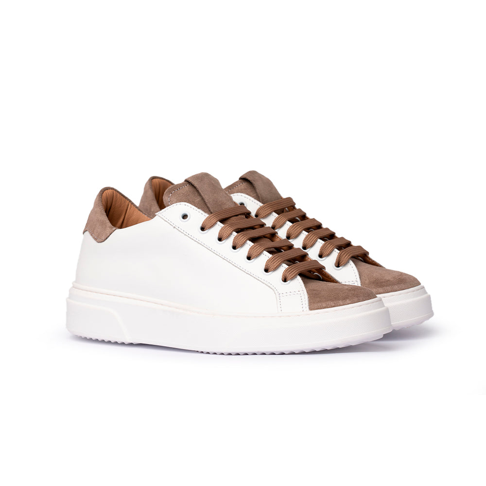 Sneaker in Pelle Bianca e Camoscio Tortora con Suola Bianca – Bianco/Tortora