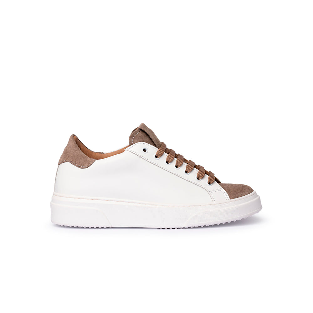 Sneaker in Pelle Bianca e Camoscio Tortora con Suola Bianca – Bianco/Tortora