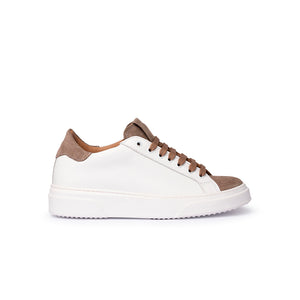 Sneaker in Pelle Bianca e Camoscio Tortora con Suola Bianca – Bianco/Tortora