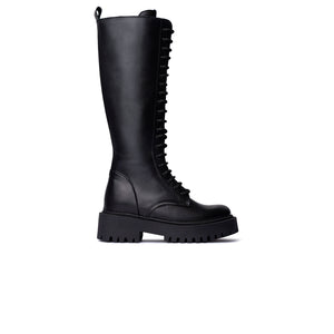 Stivale alto stringato in pelle nera Donna
