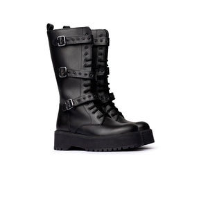Stivale con cinturini multipli e suola platform - Nero