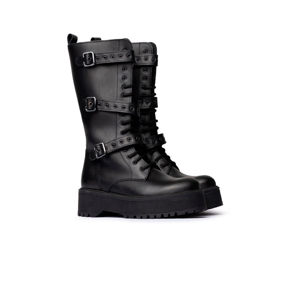 Stivale con cinturini multipli e suola platform - Nero
