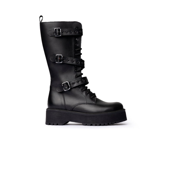 Stivale con cinturini multipli e suola platform - Nero