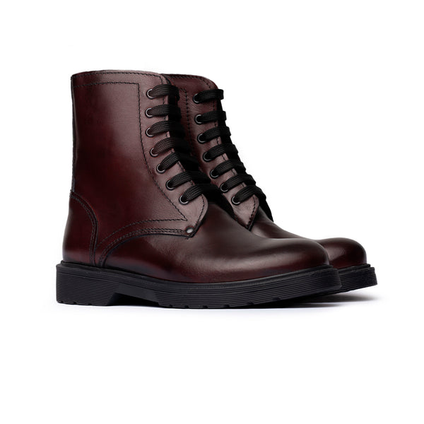 Stivaletto stringato in pelle con suola liscia - Bordeaux