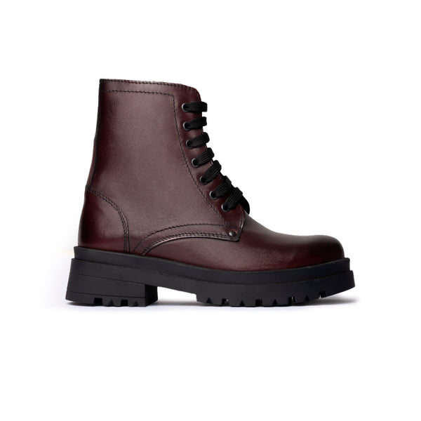 Stivaletto stringato in pelle con suola carrarmato - Bordeaux