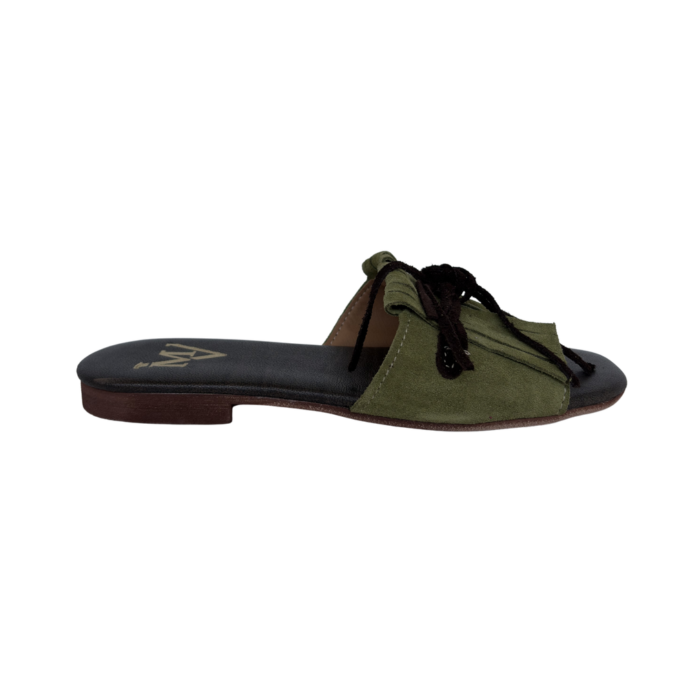 Ciabattina Elegance in Camoscio con Frange - Verde/ marrone ART 10